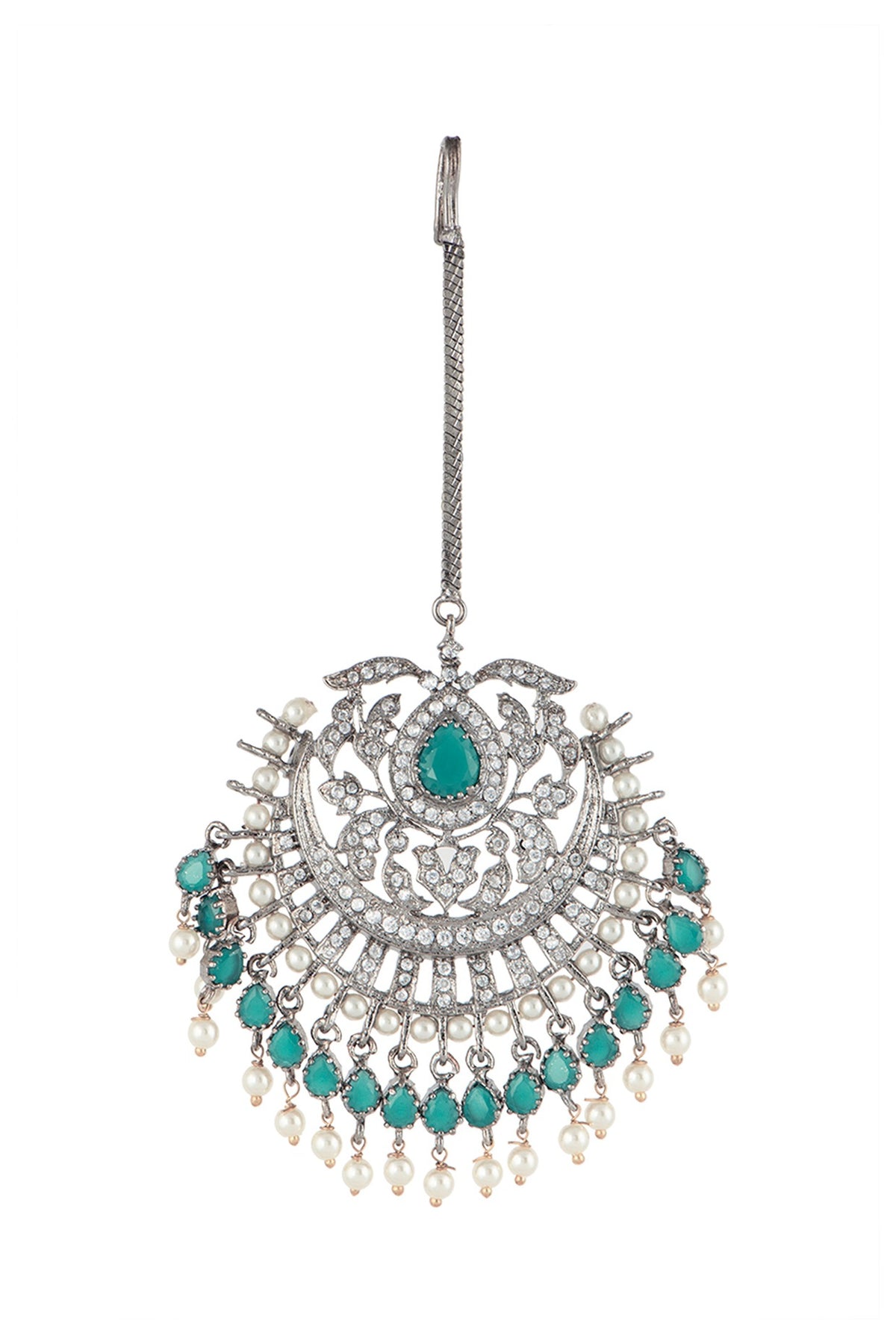 Silver Plated Faux Diamond & Green Pearl Maang Tikka