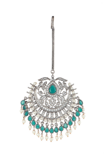 Silver Plated Faux Diamond & Green Pearl Maang Tikka