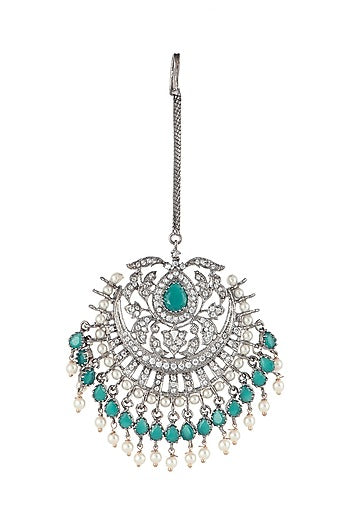 Silver Plated Faux Diamond & Green Pearl Maang Tikka