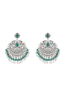 Silver Plated Faux Diamond & Green Pearls Dangler Earrings