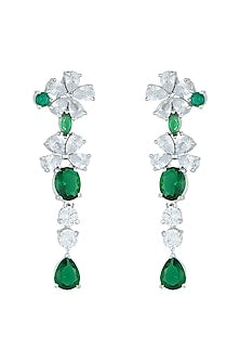 White Rhodium Plated Faux Diamond & Emerald Long Earrings