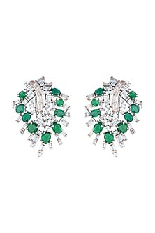 White Rhodium Plated Baguettes, Faux Diamond & Emerald Earrings