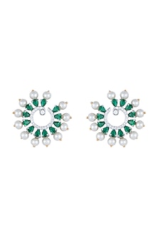 White Rhodium Plated Faux Diamond & Emerald Circular Earrings