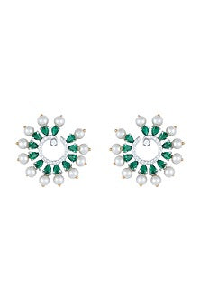 White Rhodium Plated Faux Diamond & Emerald Circular Earrings