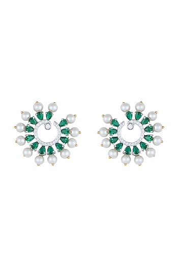White Rhodium Plated Faux Diamond & Emerald Circular Earrings