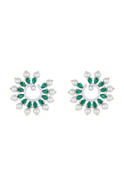White Rhodium Plated Faux Diamond & Emerald Circular Earrings