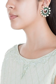 White Rhodium Plated Faux Diamond & Emerald Circular Earrings