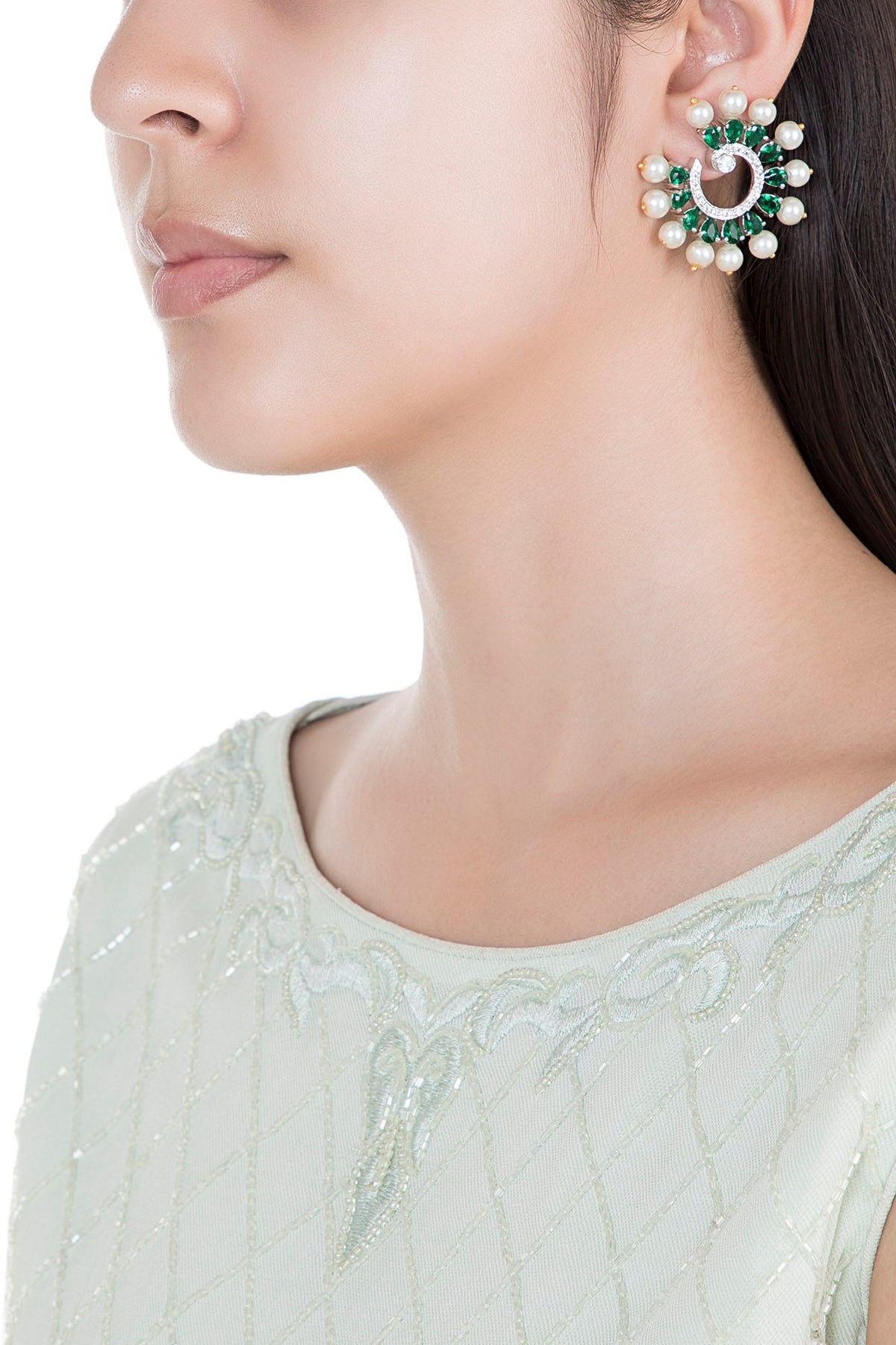 White Rhodium Plated Faux Diamond & Emerald Circular Earrings