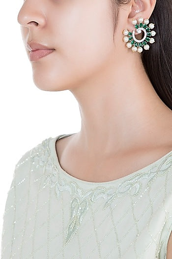 White Rhodium Plated Faux Diamond & Emerald Circular Earrings