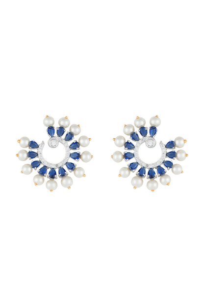 White Rhodium Plated Faux Diamond & Sapphire Circular Earrings