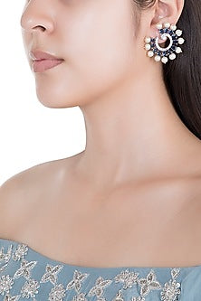 White Rhodium Plated Faux Diamond & Sapphire Circular Earrings