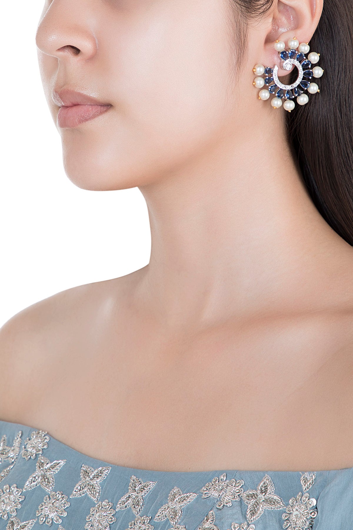 White Rhodium Plated Faux Diamond & Sapphire Circular Earrings