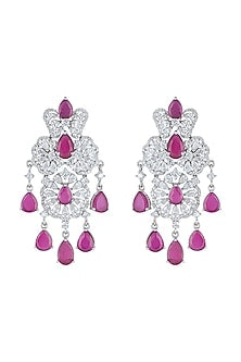 White Rhodium Plated Faux Diamond & Ruby Long Earrings