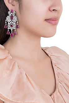White Rhodium Plated Faux Diamond & Ruby Long Earrings
