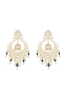 Gold Plated Faux Kundan & Green Pearl Earrings