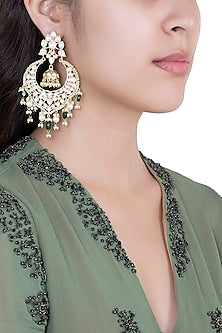 Gold Plated Faux Kundan & Green Pearl Earrings