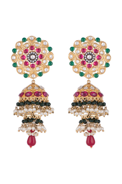 Gold Finish Zircon Pearl Jhumka Earrings