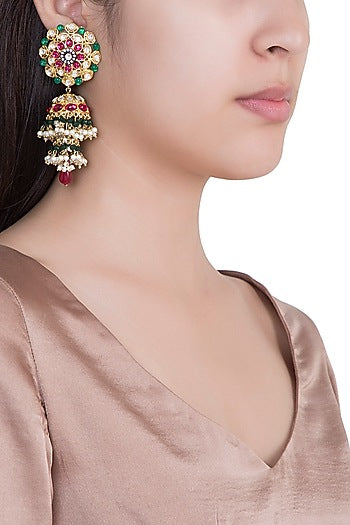 Gold Finish Zircon Pearl Jhumka Earrings