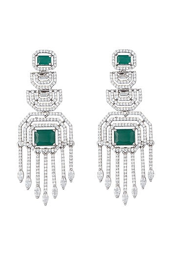 White gold plated faux diamond and emerald earrings