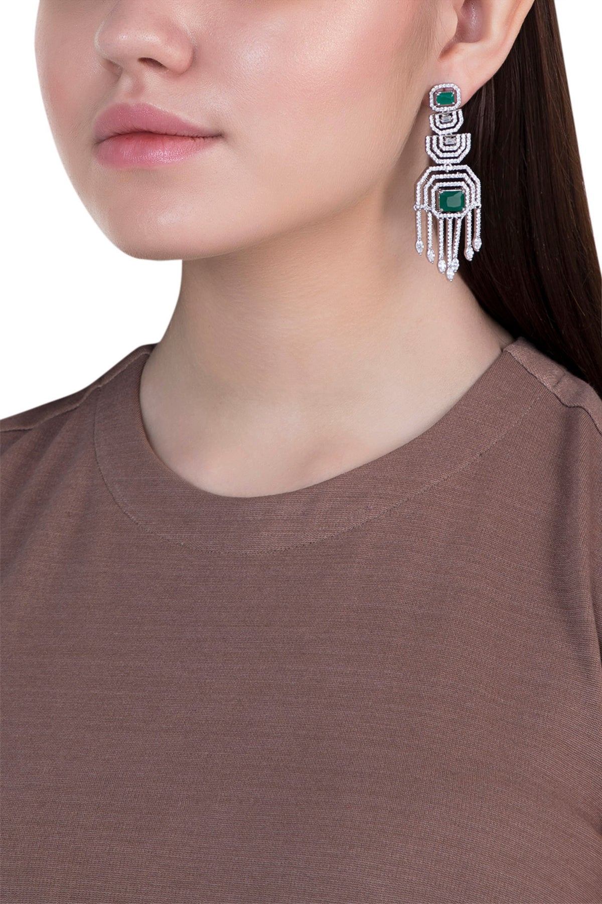 White gold plated faux diamond and emerald earrings