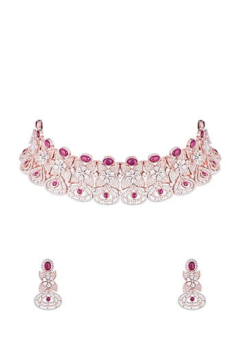 Rose gold plated faux diamond and ruby necklace set