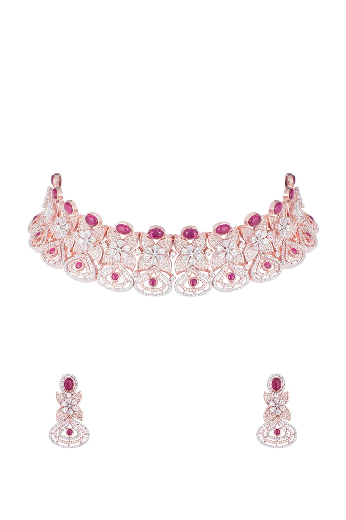 Rose gold plated faux diamond and ruby necklace set