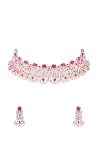Rose gold plated faux diamond and ruby necklace set