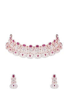 Rose gold plated faux diamond and ruby necklace set
