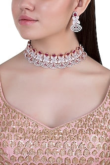 Rose gold plated faux diamond and ruby necklace set
