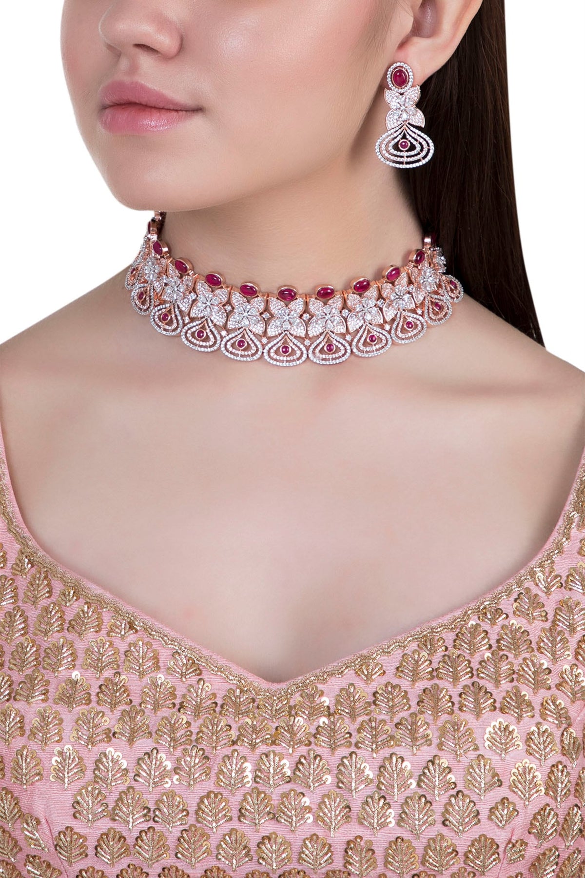 Rose gold plated faux diamond and ruby necklace set
