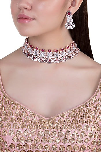 Rose gold plated faux diamond and ruby necklace set