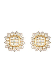 Yellow rhodium plated pearl and kundan stud earrings