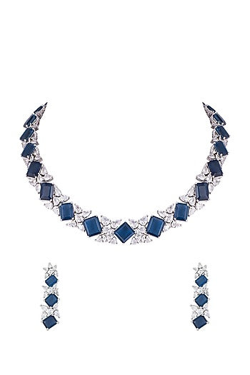 White rhodium plated sapphire and zircon necklace set