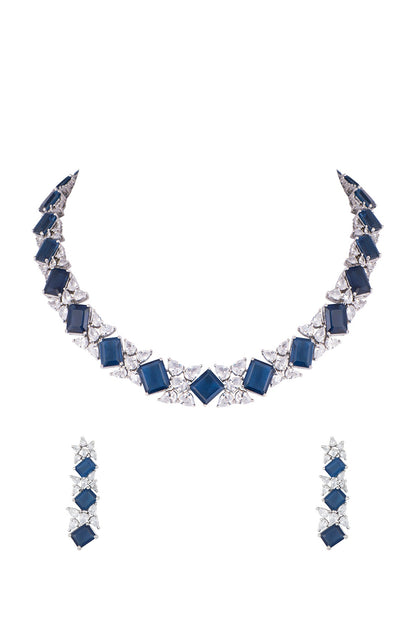 White rhodium plated sapphire and zircon necklace set