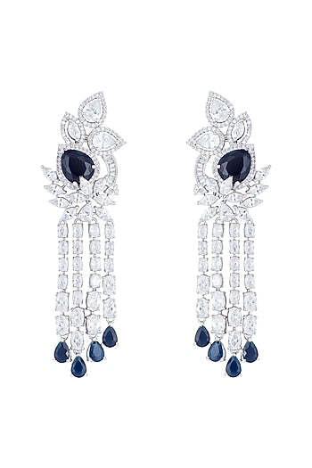Silver plated faux diamond and sapphire long earrings