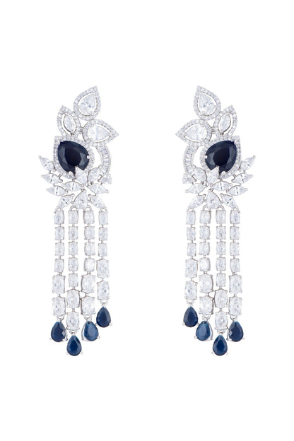 Silver plated faux diamond and sapphire long earrings