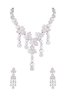 Silver plated faux diamond long necklace set