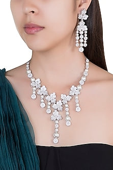 Silver plated faux diamond long necklace set