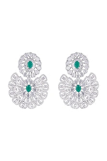 Silver plated faux diamond and emerald floral earrings