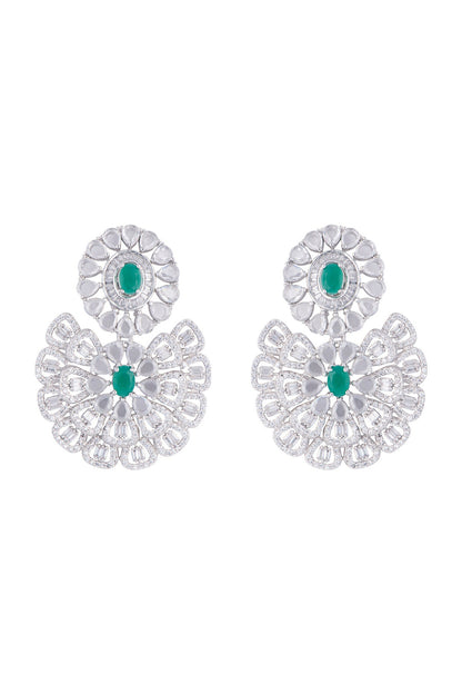 Silver plated faux diamond and emerald floral earrings