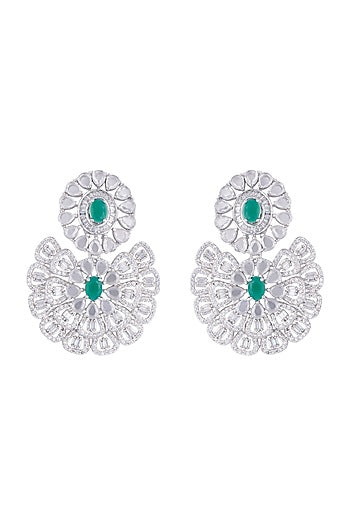 Silver plated faux diamond and emerald floral earrings