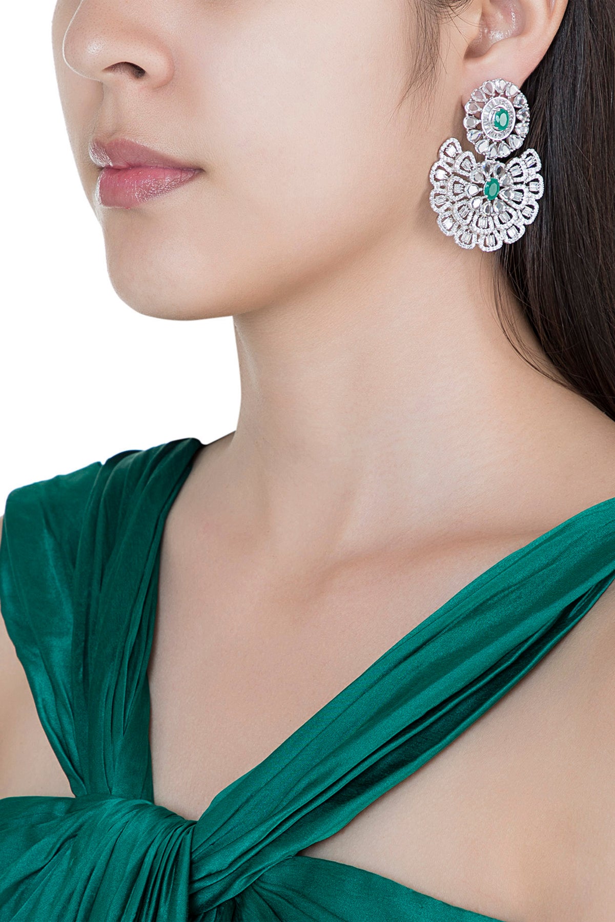 Silver plated faux diamond and emerald floral earrings