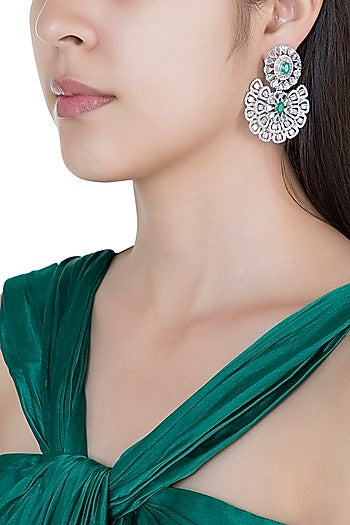 Silver plated faux diamond and emerald floral earrings