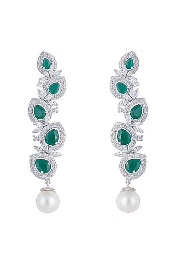 Silver plated faux diamond and emerald dangler earrings