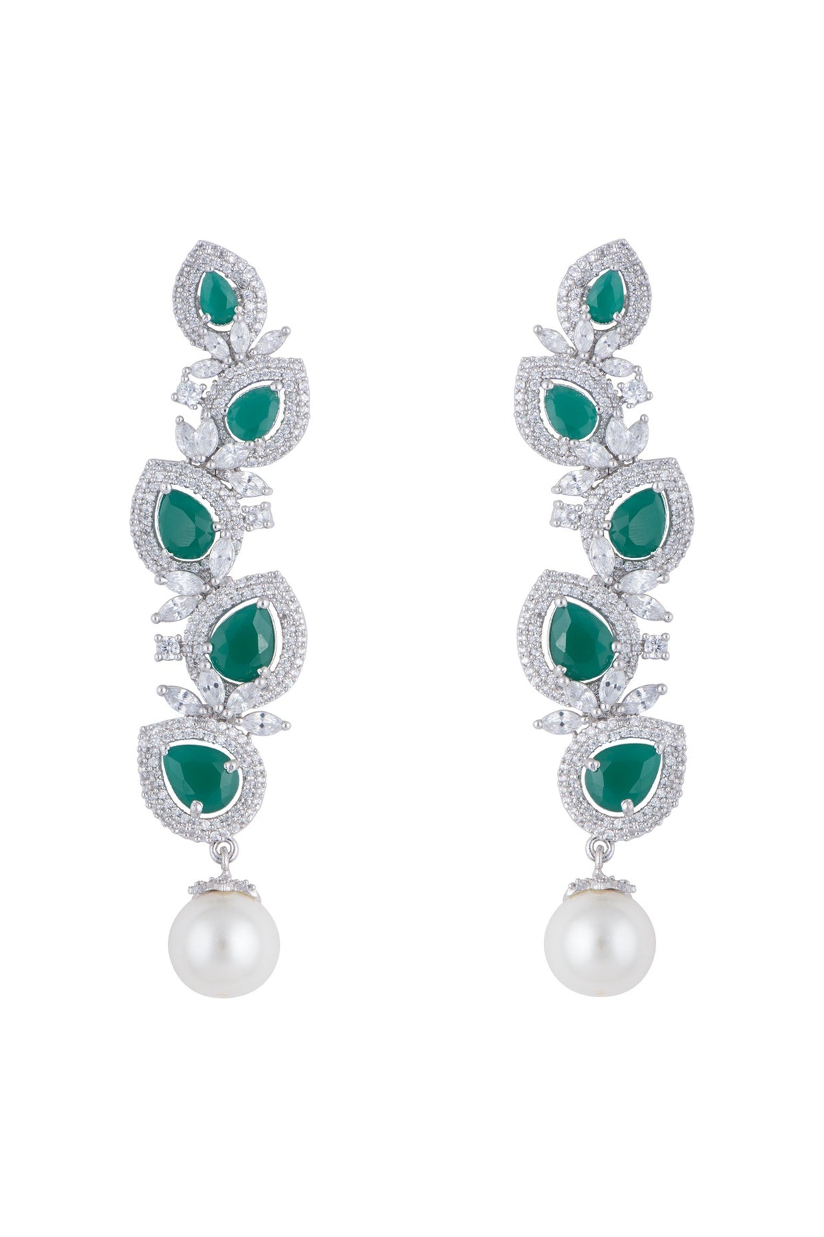 Silver plated faux diamond and emerald dangler earrings