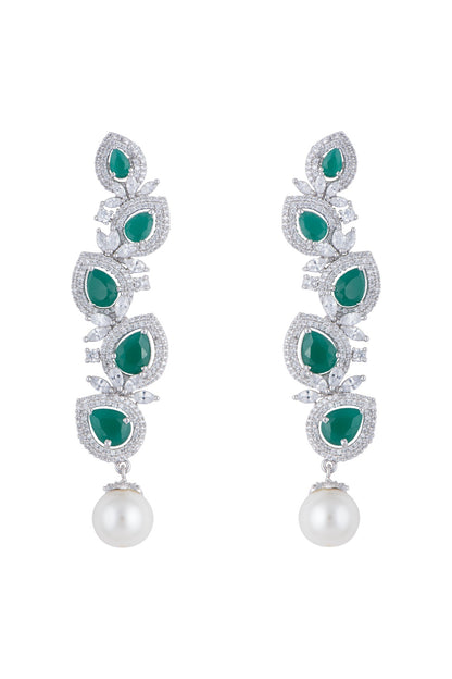 Silver plated faux diamond and emerald dangler earrings