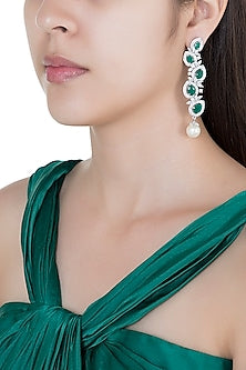 Silver plated faux diamond and emerald dangler earrings