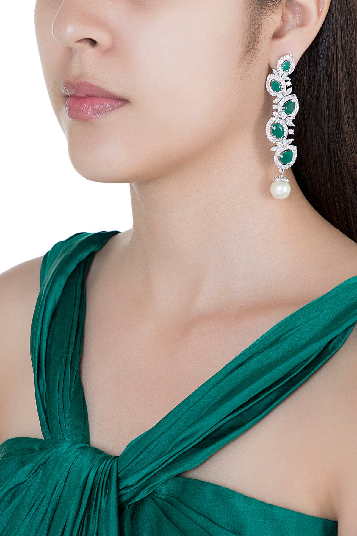 Silver plated faux diamond and emerald dangler earrings