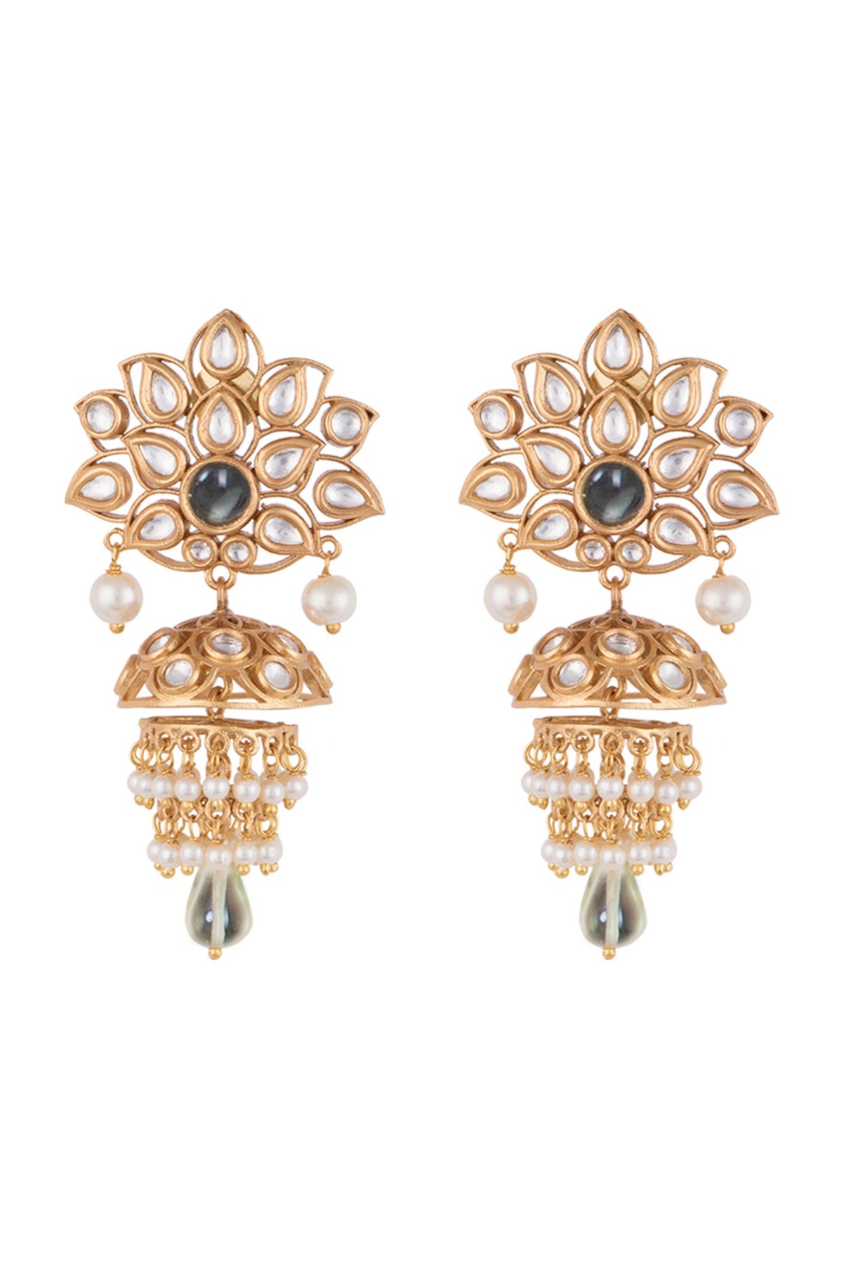 Gold plated faux kundan and green stone earrings