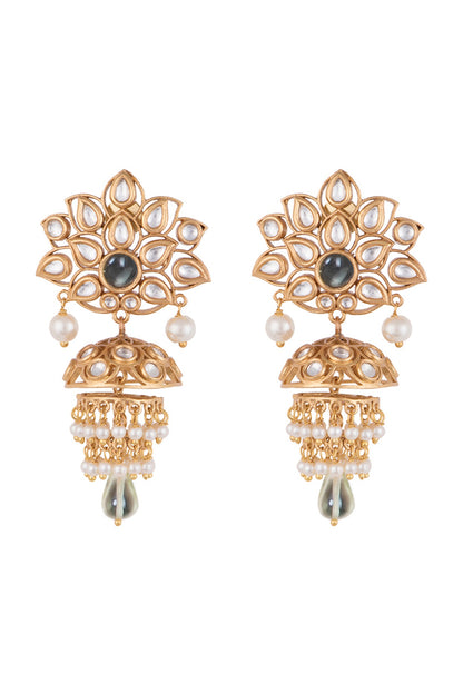 Gold plated faux kundan and green stone earrings